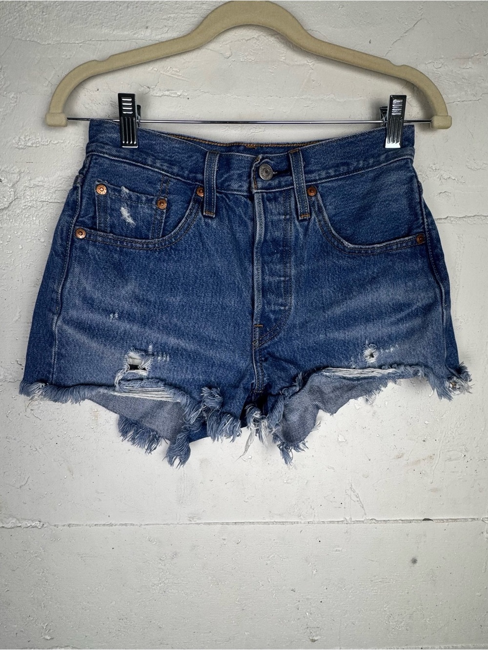 Levi's Shorts 501 Denim High Waist Cut Off Medium Blue Size W24 Womens